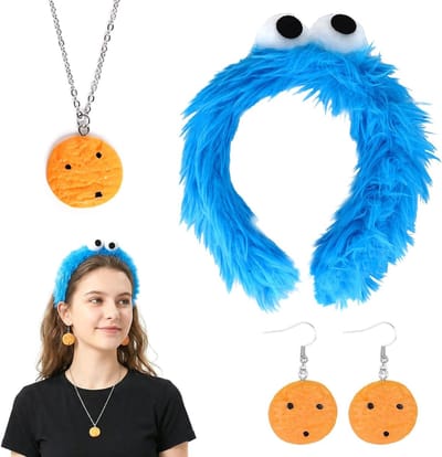 Vrouwelijk Monster Kostuum met Hoofdband, Koekjes Ketting en Oorbellen voor Carnaval en Feestjes, Perfect voor Koekjesliefhebbers en Themafeesten