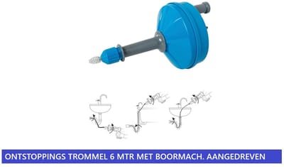 Ontstopping veer - Boor-aangedreven Afvoerontstopper – 6m Spiraal – Voor Gootsteen & Afvoer - in handige trommel.