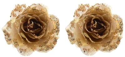 Kerstboomversiering Bloem - 2x - 14 cm - goud - op clip - ornament - roos