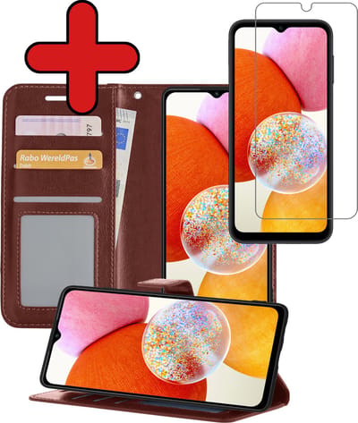 Hoesje - Met Screenprotector - Geschikt voor Samsung Galaxy A14 - Luxe Pasjeshouder - Flipcase - Bookcase Portemonee - Flip Case - Kunstleer Book Case - Book Cover - Walletcase - Portemonneehoes - Telefoonhoes - Bruin