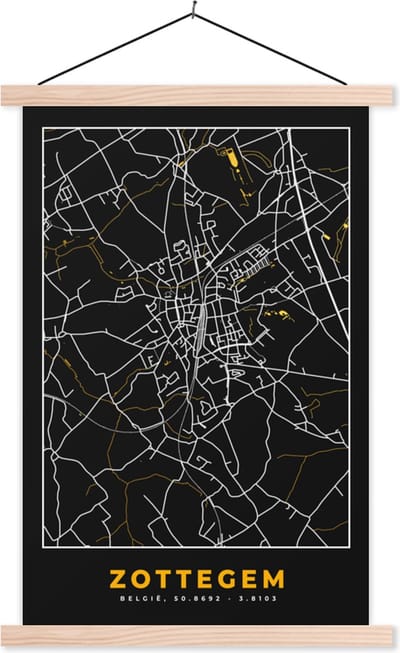 Posterhanger incl. Poster 40x60 cm - Schoolplaat - Kaart - Goud - Plattegrond - Zottegem - Stadskaart - Textielposter - Blanke latten - Stadskaart