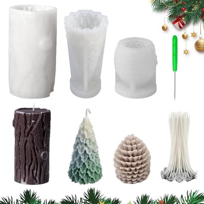 Set van 3 Siliconen Kaarsvormen Kerst: Kerstboom, Houtlook en Dennenappel
