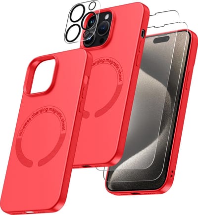 Hoesje Geschikt voor iPhone 15 Pro MaxMagsafe hoes incl 2x gehard glazen screenprotector & 1x cameraLens protector – Rood