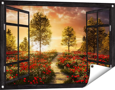Gards Tuinposter Doorkijk Mooi Landschap met Rode Bloemen en Zonsondergang - 90x60 cm - Tuindoek - Tuindecoratie - Wanddecoratie buiten - Tuinschilderij