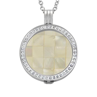 Quiges - Munthouder met Ketting en Munt 33mm Schelp Blokjes Beige - RVS Zilverkleurig met Zirkonia - ERHS093