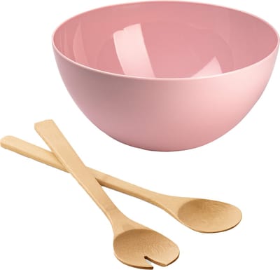 Salade/fruit serveer schaal - roze - kunststof - Dia 28 cm - met bamboe Sla couvert/bestek van 30 cm