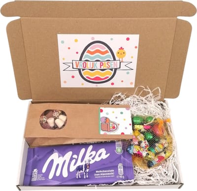 Pasen cadeau chocolade - brievenbuspakket Vrolijk Pasen - Chocolade paashaasjes-eitjes - Tum Tum - Chocolade