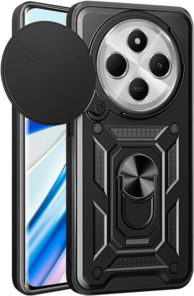 Casemania Hoesje Compatibel met Xiaomi Redmi 17C - Zwart - Armor Kickstand Back Cover met Camera Bescherming
