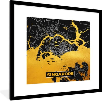 Fotolijst incl. Poster - Singapore - Goud - Plattegrond - Stadskaart - Kaart - 40x40 cm - Posterlijst