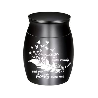 Mini urn,aluminium,kleur zwart,met tekst en afbeelding