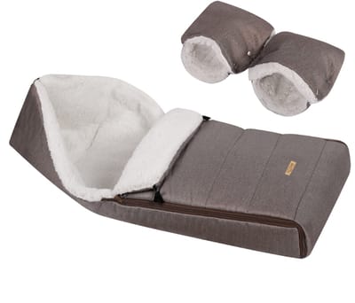 SOOSIE Winter Kinderwagen Voetenzak + Handmof – Bruin Melange & Teddy Crème – Universeel – Waterproof – 110 cm