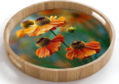 Dienblad rond 40x40 cm - Schootdienblad hout - Oranje bloemen - Levendig - Wazige achtergrond - Borrelplank rechthoek - Plateau houten dienbladen