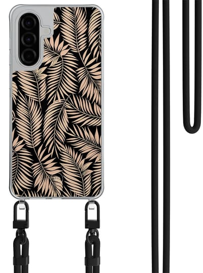 Hoesje met koord geschikt voor Samsung Galaxy A56 - Palm silhouette - Inclusief Zwart koord - Crossbody beschermhoes - Transparant, Zwart, Beige - Mooie Telefoonhoesjes