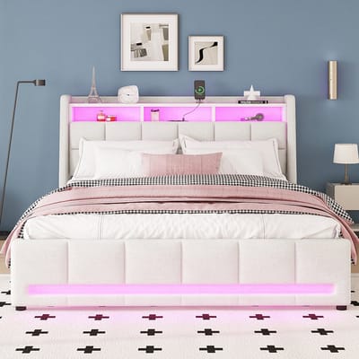 KOMHTOM Tweepersoonsbed 2 Laden 140 x 200 cm Sfeerverlichting met afstandsbediening hoofdeinde met USB Ingebouwd opbergvak Linnen Beige