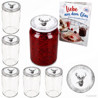 6-delige set ronde glazen 720 ml To 82 Alois Hirsch deksel incl. Diamant Gelierzauber receptenboekje
