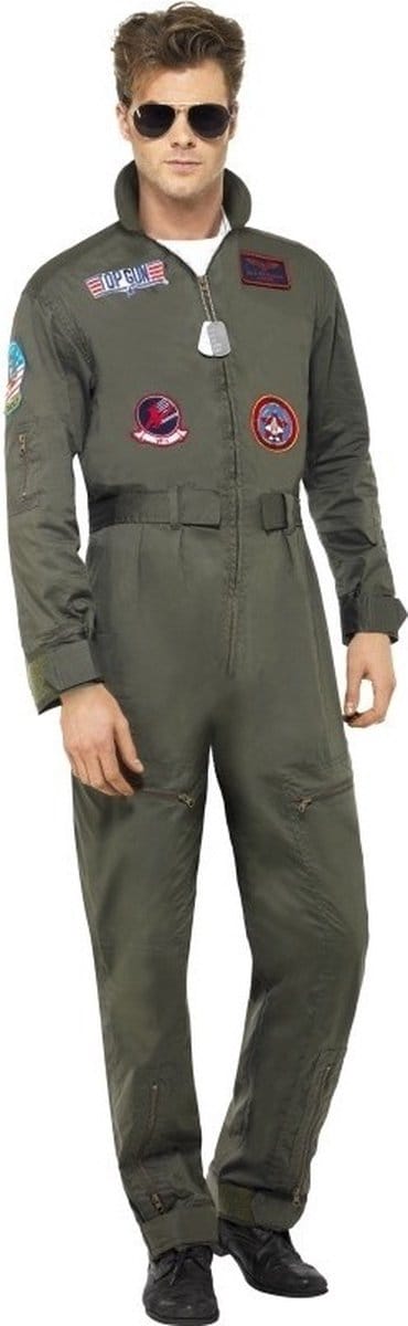 Smiffys Luxe straaljager - piloten - jumpsuit - groen - Top Gun - voor heren 48/50