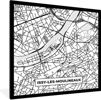 Fotolijst incl. Poster Zwart Wit- Stadskaart - Frankrijk - Issy-les-Moulineaux - Kaart - Plattegrond - Zwart wit - 40x40 cm - Posterlijst