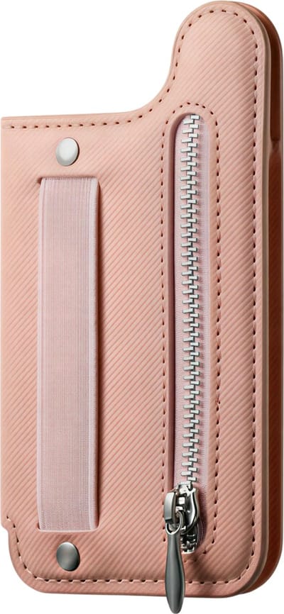 Flip Card Bag Phone Case met Rits en Polsband – Roze – Multifunctionele Telefoonhoes met Kaarthouder, Portemonnee, Desktop Stand – Geschikt voor Meerdere Kaarten, Compact en Draagbaar