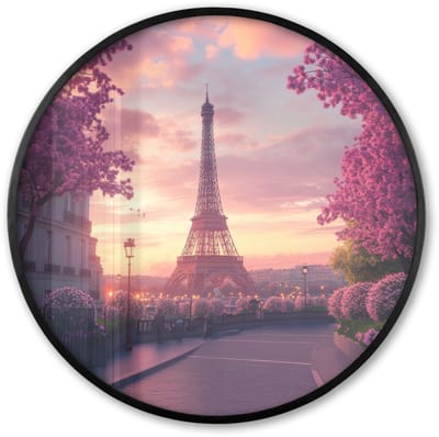 Poster in lijst Rond - Fotolijst 60x60 cm - Posters - Eiffeltoren - Parijs - Roze - Ronde posterlijst zwart - Decoratie - Wanddecoratie woonkamer - Muurdecoratie slaapkamer