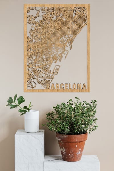 Houten Stadskaart Barcelona Eikenhout 50x70cm Wanddecoratie Voor Aan De Muur City Shapes