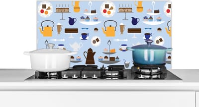Spatscherm keuken 90x45 cm - Kookplaat achterwand Patronen - Cupcake - Theepot - Thee - Muurbeschermer - Spatwand fornuis - Hoogwaardig aluminium
