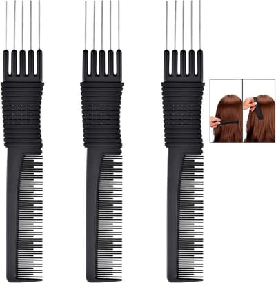 Set van 3 Zwarte Antistatische Stylingkammen met Metalen Tanden voor Fijn en Dik Haar