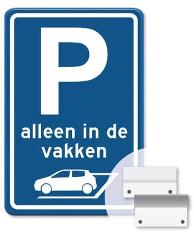 Parkeerbord Alleen in de vakken - blauw - Weerbestendig Aluminium - 40x60 cm - Bevestiging: Met muur-/ wandmontage beugels