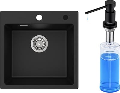 CECIPA max Spoelbakken Met Zeepdispenser (300ML) - Granieten Spoelbak Keuken 45x45cm - Granieten Enkele spoelbak - Inbouw Zeepdispenser Keuken - Spoelbakken met afdruip - Antraciet