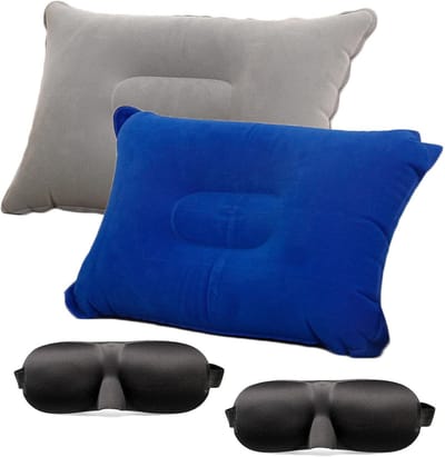 Reiskussen Camping - Ultralicht Opblaasbaar Ergonomisch Reiskussen voor Camping, Reizen en Outdoor - Campingkussens met 3D Slaapmaskers - 2 stuks PVC Plantenfluweel - Grijs en Blauw