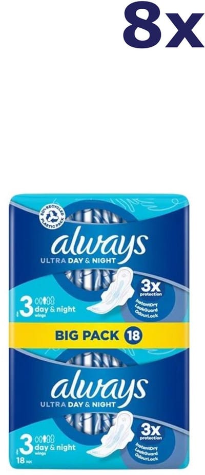 8x Always Ultra Sanitary maandverband Day & Night met vleugels 18s