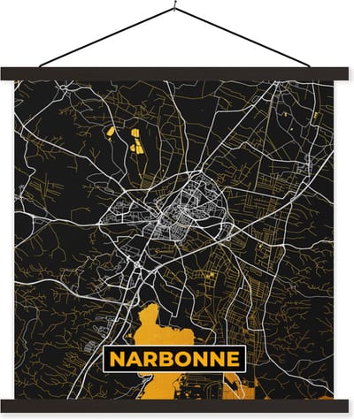 Posterhanger incl. Poster 60x60 cm - Schoolplaat - Plattegrond – Narbonne – Stadskaart – Kaart – Frankrijk - Textielposter - Zwarte latten - Stadskaart