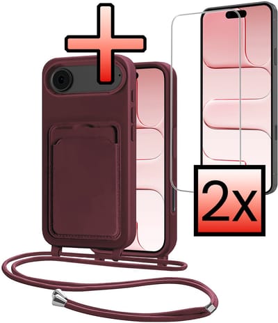 Hoes Geschikt voor iPhone Air Hoesje Pasjeshouder Cover Met Koord Case Siliconen Hoes Met Telefoonkoord en Kaarthouder Met 2x Screenprotector - Aubergine