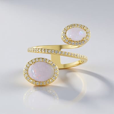 Cavill - Zilveren Ring Geel Verguld - Australische Opaal Ovaal Cabochon 2,143 ct - Pave Zirkonia - Moderne Elegante Damesring Maat 19