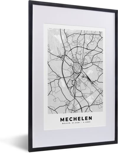 Fotolijst incl. Poster Zwart Wit- Zwart Wit – België – Plattegrond – Stadskaart – Kaart – Mechelen - 40x60 cm - Posterlijst