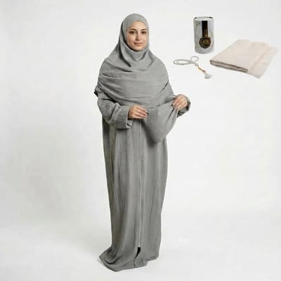 FIRASET Grijze 2-delige gebedskleding voor dames met ritssluiting + islamitische geschenkset met gebedskleed (seccade) en gebedskralen, cilindervormige doos – Made in Turkije