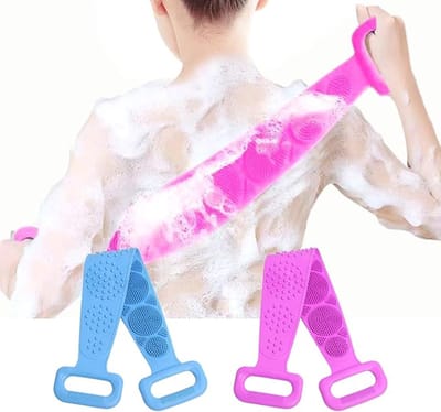 2 stuks - siliconen exfoliërende badhanddoek - siliconen exfoliërende badborstel met handvat - siliconen rugscrubber - voor reiniging, exfoliatie en massage (blauw/paars)