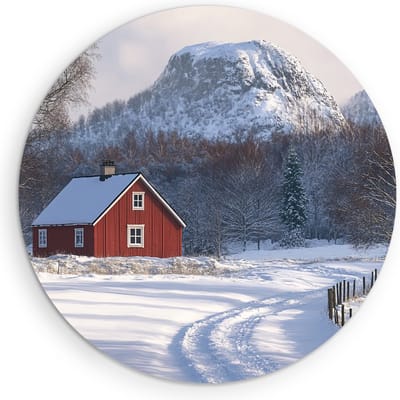 Saammp Muurcirkel Hout - Natuur - Rood huis in de sneeuw - landschap - Ø 90 - Wandcirkel - Wanddecoratie Cirkel - Muurdecoratie Woonkamer - Slaapkamer decoratie - Rond Schilderij