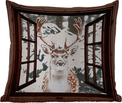 Sierkussen Buiten - Hert - Sneeuw - Winter - Bos - Dieren - Doorkijk - 60x60 cm - Weerbestendig