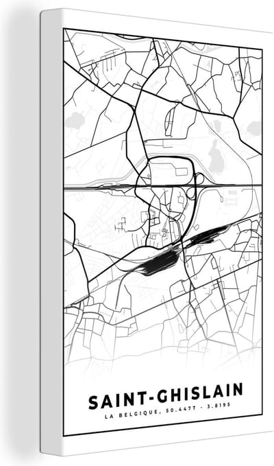 Canvas Schilderij Zwart Wit – België – Plattegrond – Stadskaart – Kaart – Saint Ghislain - 20x30 cm - Wanddecoratie