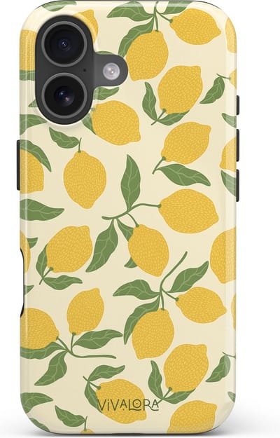 VivaLora Tough Telefoonhoesje iPhone 16 met MagSafe - Lemon Crush Print - 2-in-1 Phone Case - Hard Case & Siliconen Back - Citroenen Dessin - Extra Bescherming - Shockproof - Citroenen Dessin - Geel/Groen
