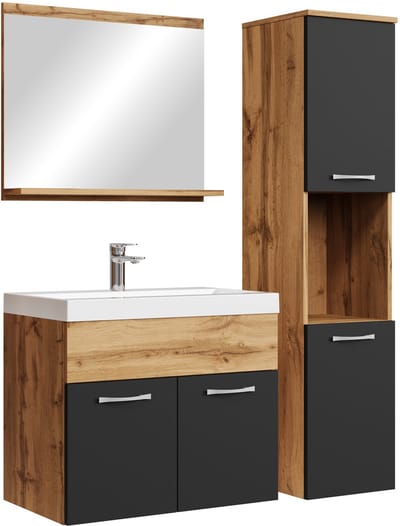 Badplaats Badkamermeubel Set Montreal 60 x 35 cm – Eiken met Zwart – Badmeubel met Spiegel en Zijkast