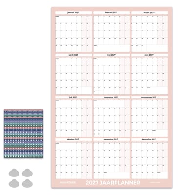 Huurdies Jaarplanner 2027 – Maandagstart – Inclusief Planningsstickers & Ophangstickers – 115 g/m² Blueback – Weekenden Gekleurd – Cotton Candy