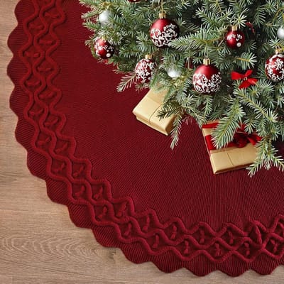 36 Inch Kerstboomrok in Rood Kabelbreisel, Dikke 3D Geweven Ondergrond voor Kerstdecoratie, Feestelijke Mat voor Thuis en Feestjes