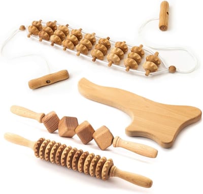 Maderotherapie Set 4 Delen: Anti Cellulite Massage Roller Hout voor Lichaam en Gezicht