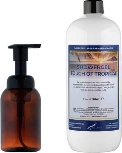 Zeepdispenser 300 ml amber bruin hervulbaar + 1 liter Showergel Touch of Tropical navulling