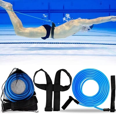 Zwemtraining Weerstandsband 4m, Verstelbare Zwemband voor Stationair Zwemmen, Bungee Cords voor Volwassenen en Kinderen (Blauw)