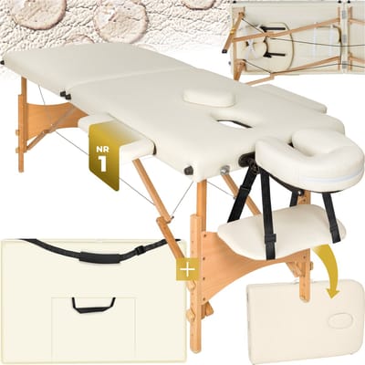 tectake® Massagetafel - 2 Zones, Opvouwbare en Draagbare Massagetafel met 5 cm Vulling, In Hoogte Verstelbaar, Mobiele Massagebank met Houten poten en Accessoires, Draagtas - Beige