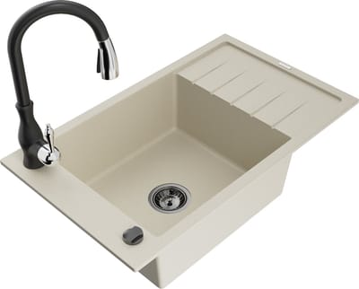 Mexen Elias granieten spoelbak met 1 bak, afdruiprek en Savita keukenkraan, beige - 6511-69-672601-70