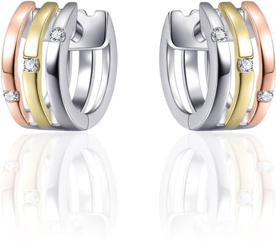 Jewels Inc. - Oorringen - Drie Rijen gezet met Zirkonia - 12mmØ - 6mm Breed - Tri-color Verguld Zilver 925