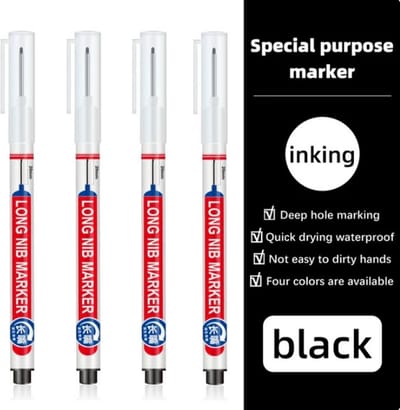 TLVX 4 stuks Verlengde Permanent Marker Zwart – Markeerstift - Markeer Timmerman potlood inkt – Bouw Markering stift – Timmermanspen - 20mm Long Tip Marker – Diep gat marker – Teken Hout, Metaal, Glas, Spiegel, Tegels, Beton, Keramiek – Zwarte inkt